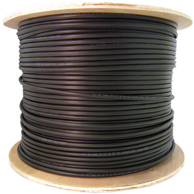 کابل شبکه که برای محیط های باز دارای درجه بندی هستند به رنگ مشکی و دارای محافظ.نمای کابل به صورت حلقه نشان داده شده است