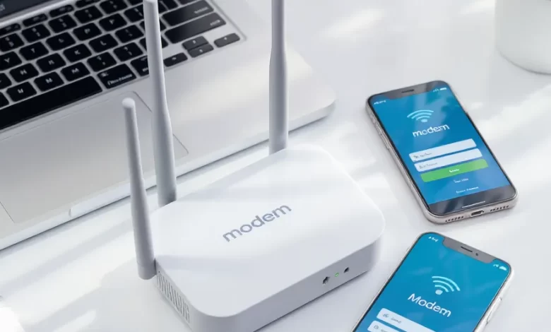 تنظیمات مودم برای ورود به آن در تصویر موبایل و مودم مشاهده میشود