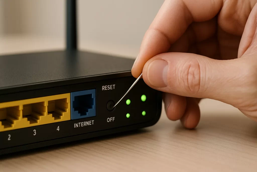 فردی با یک سوزن یا گیره کاغذ، دکمه ریست مودم وای‌فای را فشار می‌دهد. مودم روی میز قرار دارد و چراغ‌های اتصال آن روشن هستند. تمرکز تصویر روی دست و ناحیه دکمه ریست باشد.