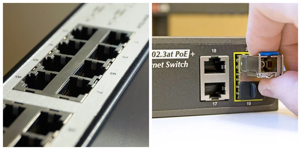 درگاه های LAN (سمت چپ) در مقابل پورت SFP و فرستنده گیرنده