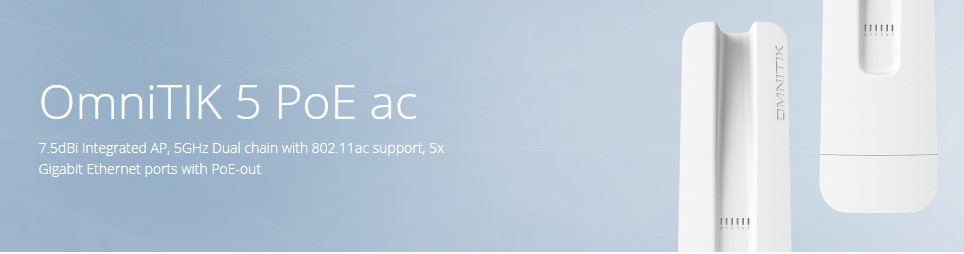 OmniTIK 5 PoE ac با طراحی جدید محفظه بیرونی مقاوم در برابر آب و هوا، دو آنتن omni یکپارچه 7.5dBi 5GHz، یک منبع تغذیه، یک انژکتور PoE و یک کیت نصب ارائه می شود.