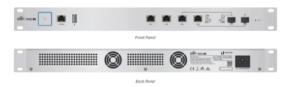 هردو پنل جلو و پشت دستگاه Ubiquiti USG-PRO-4 در تصویر نمایش داده شده‌است