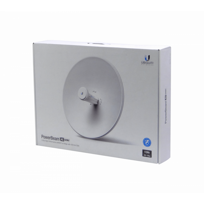 در تصویر رادیو وایرلس PowerBeam 5AC-Gen2 یوبیکیوتی در داخل جعبه قرار دارد. عکس رادیو به صورت بشقاب روی جعبه چاپ شده‌است.