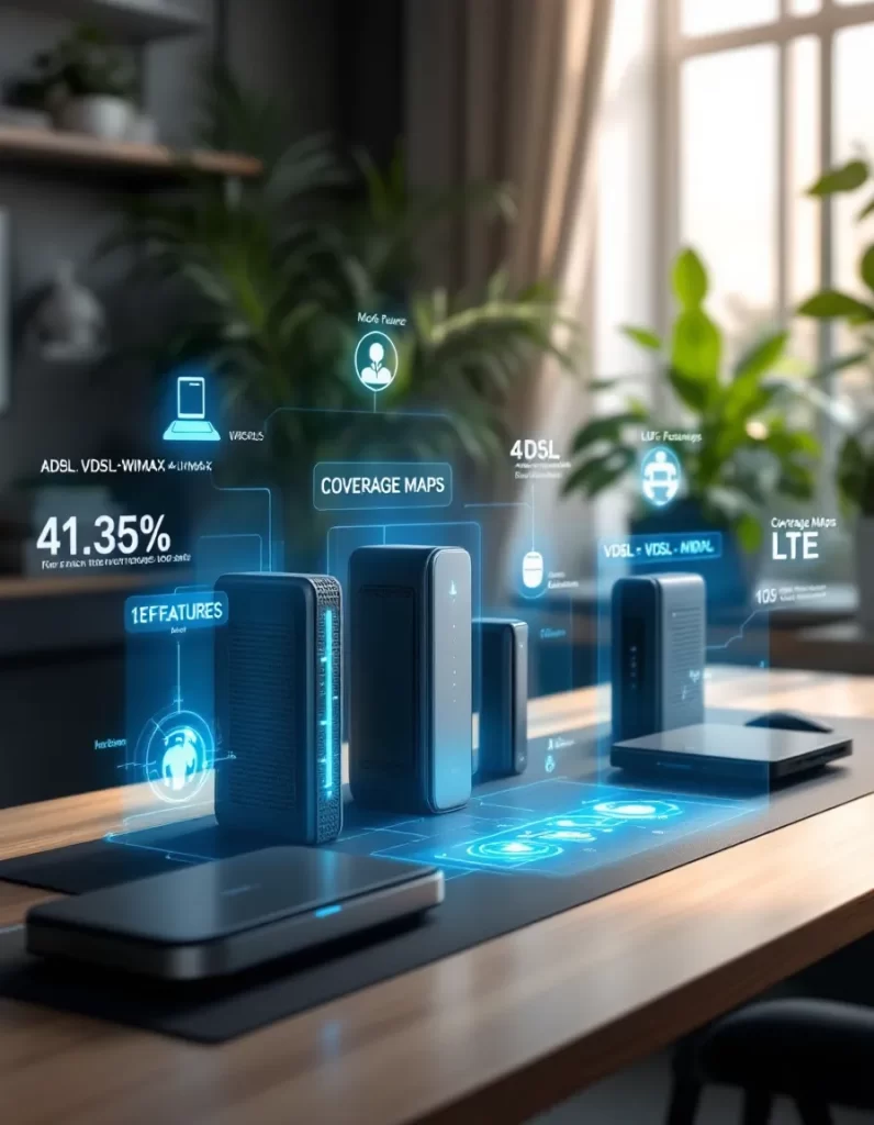 "برندهای محبوب مودم در ایران، شامل TP-Link، Huawei و Zyxel، نمایش روی میز همراه با نمادهای Wi-Fi و LTE"