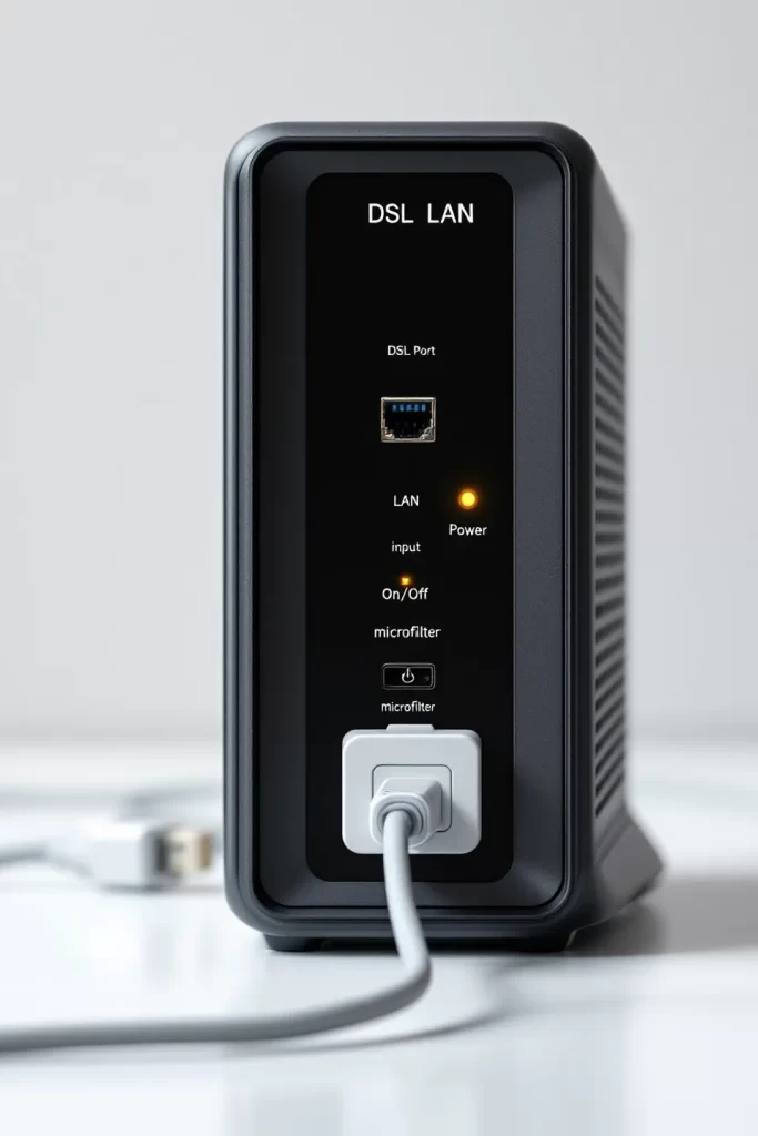 نمای پشت مودم خانگی با پورت DSL، پورت LAN، ورودی برق، دکمه روشن/خاموش و نویزگیر تلفن متصل برای راه‌اندازی اینترنت