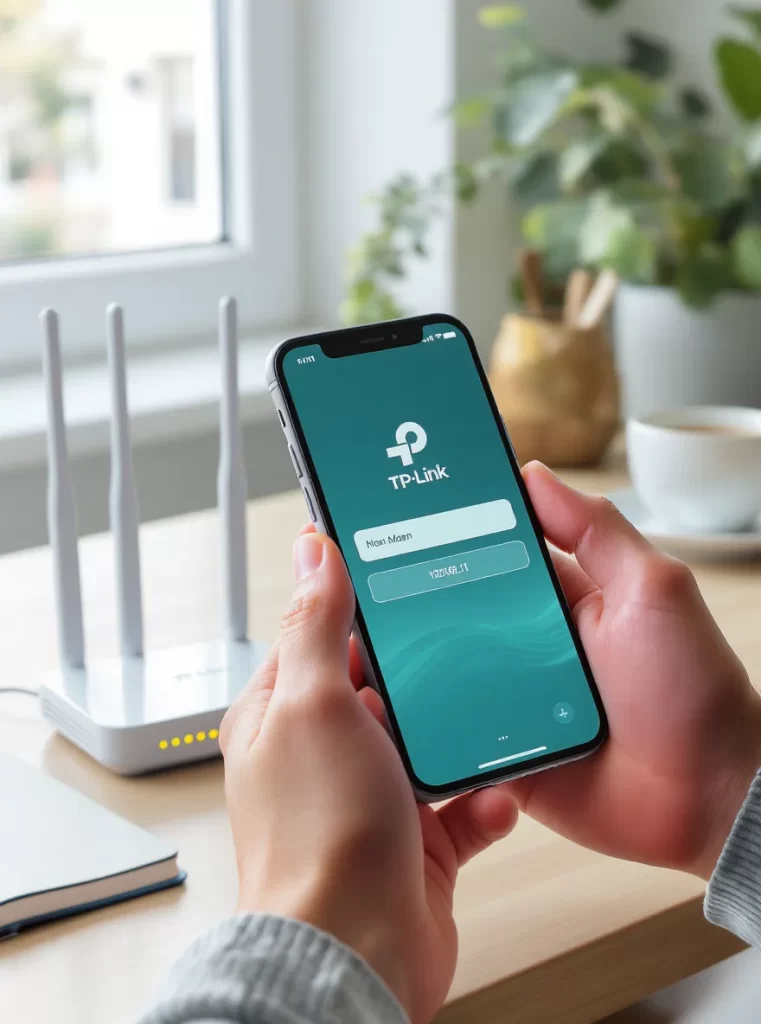 شخصی در حال تنظیمات مودم TP-Link با استفاده از گوشی موبایل، صفحه ورود مودم روی نمایشگر گوشی دیده می‌شود و مودم TP-Link روی میز کنار آن قرار دارد. 