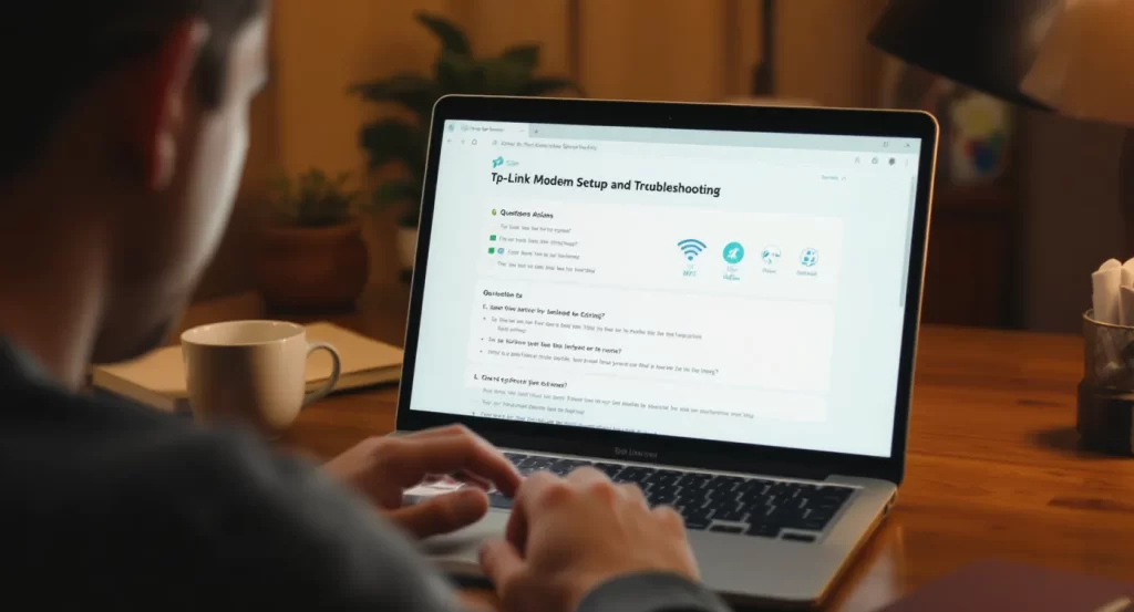 شخصی در حال مشاهده بخش سوالات متداول در مورد تنظمیات مودم TP-Link روی لپ‌تاپ یا تبلت، با نمایش سوالات و جواب‌ها و نمادهای وای‌فای، DSL و اینترنت. 