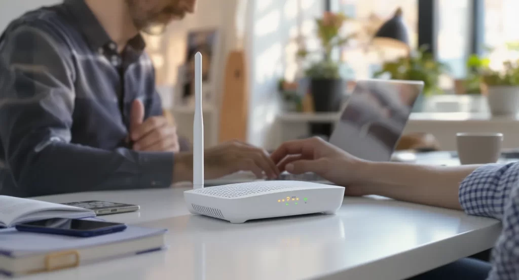 شخصی در حال عیب‌یابی مودم و رسیدگی به تنظیمات مودم TP-Link با استفاده از لپ‌تاپ و گوشی، چراغ‌های DSL، اینترنت و وای‌فای مودم روی میز دیده می‌شوند. 