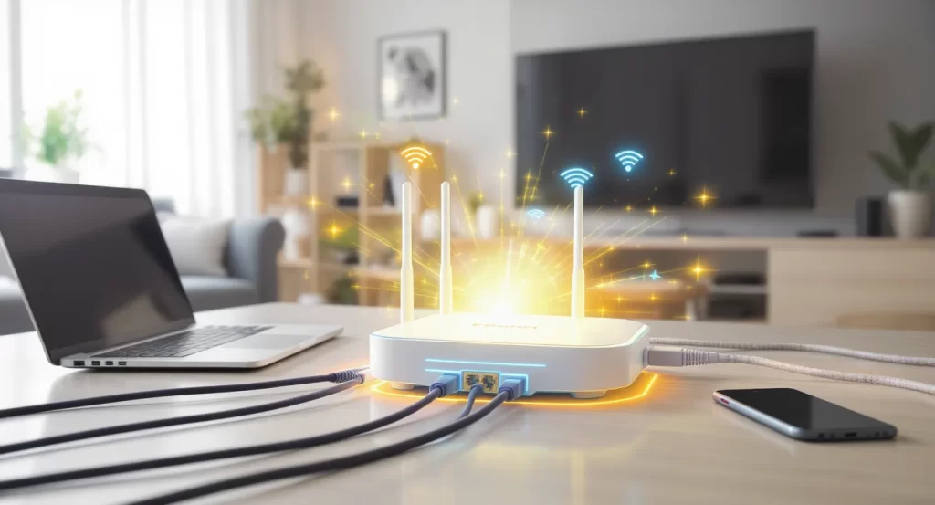 راه‌اندازی مودم خانگی با اتصال لپ‌تاپ، موبایل و تلویزیون هوشمند به اینترنت از طریق کابل و وای‌فای، نمایش کابل‌کشی شبکه خانگی حرفه‌ای