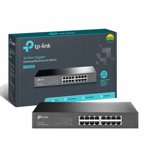 سوئیچ تی پی لینک TL-SG1016D و جعبه ان در تصویر هویداست.