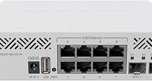 نمای پنل جلوی سوئیچ روتر CRS310-8G+2S+IN میکروتیک را با 8 پورت اترنت گیگابیت و 2درگاه‌ SFP را نشان می‌دهد.