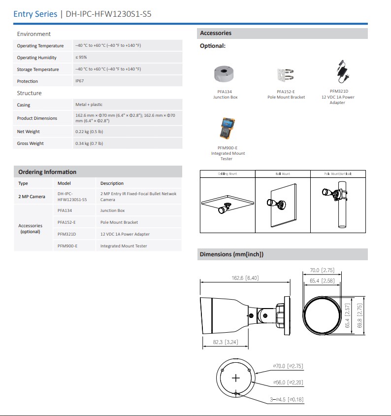 نمایی از قسمت های دوربین مداربسته داهوا DH-IPC-HFW1230S1-S5