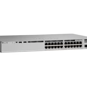 سوئیچ Cisco Catalyst C9200L-24T-4X-E سیسکو 24 پورت دارد و به رنگ خاکستری است.