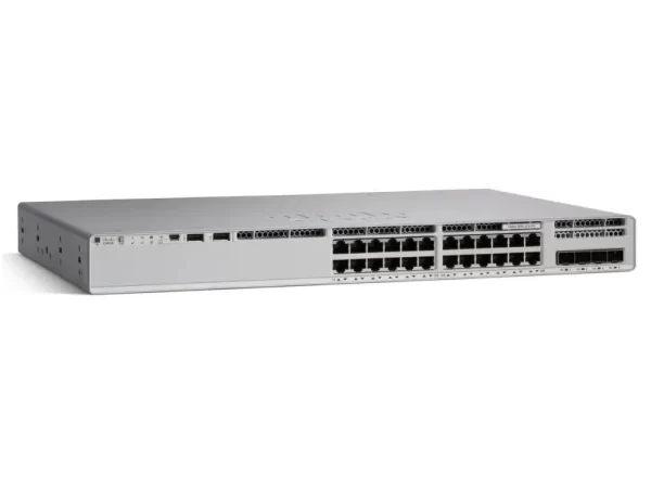 سوئیچ Cisco Catalyst C9200L-24T-4X-E سیسکو 24 پورت دارد و به رنگ خاکستری است.