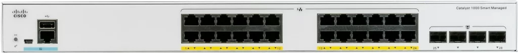 نمای نزدیک از پنل جلویی C1000-24T-4X-L سیسکو را نشان می دهد.
