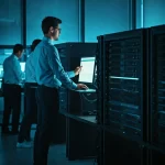 IT support team monitoring and maintaining a corporate network, updating systems and network devices, ensuring smooth operation, professional environment with computers and network equipment, emphasizing ongoing network support and maintenance. 