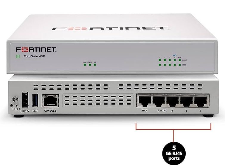 تصویر فایروال Fortinet FortiGate FG-40F با ۵ پورت گیگابیت مناسب دفاتر کوچک