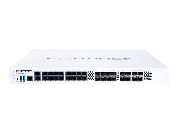 "پنل جلویی FortiGate 900G شامل 1 پورت HA 2.5/1 GE RJ45، 1 پورت مدیریت GE RJ45، 16 پورت GE RJ45، 8 اسلات GE SFP، 4 اسلات 10GE/GE SFP+/SFP و 4 اسلات 25GE/10GE SFP28/SFP+ با تاخیر فوق‌العاده پایین (ULL) برای امنیت شبکه سازمانی و مراکز داده."