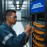 "تصویر اجرای کابل‌کشی ساخت‌یافته در یک دفتر یا اتاق سرور مدرن، شامل کابل‌های منظم Cat6، Cat6a و فیبر نوری که به پچ پنل‌ها و رک‌های شبکه متصل شده‌اند. تکنسین‌ها در حال برچسب‌گذاری و تست کابل‌ها با رعایت استانداردهای مهندسی، نشان‌دهنده دقت، نظم و قابلیت اطمینان شبکه."