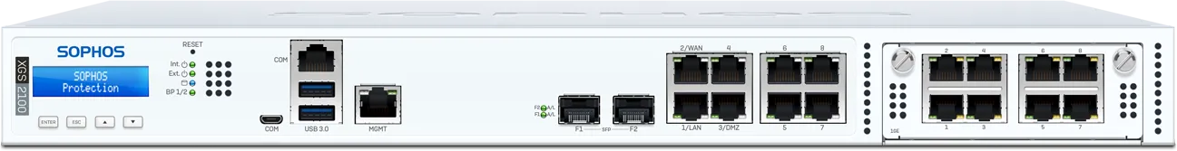 xgs-2100-front تصویر جلو فایروال Sophos XGS 2100 با 8 پورت Ethernet و 2 پورت SFP، طراحی 1U Rackmount و لوگوی Sophos در سمت چپ.