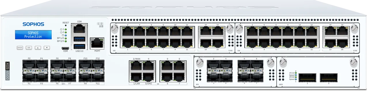 xgs-6500-front (1) پنل جلویی فایروال Sophos XGS 6500 با پورتهای شبکه و درگاههای مدیریتی
