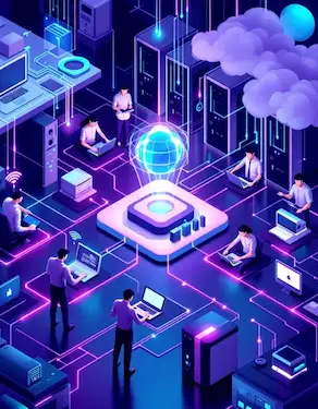 خدمات شبکه چیست؟ در تصویر اتصال بین شبکه های کامپیوتری توسط متخصصان و مهندسین نصب و راه انداری میشود.