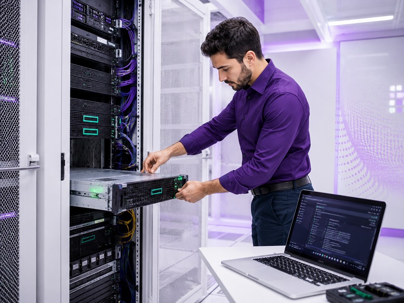 مهندسین متخصص شبکه ارغوان در حال نصب و راه اندازی سرور HPE هستند